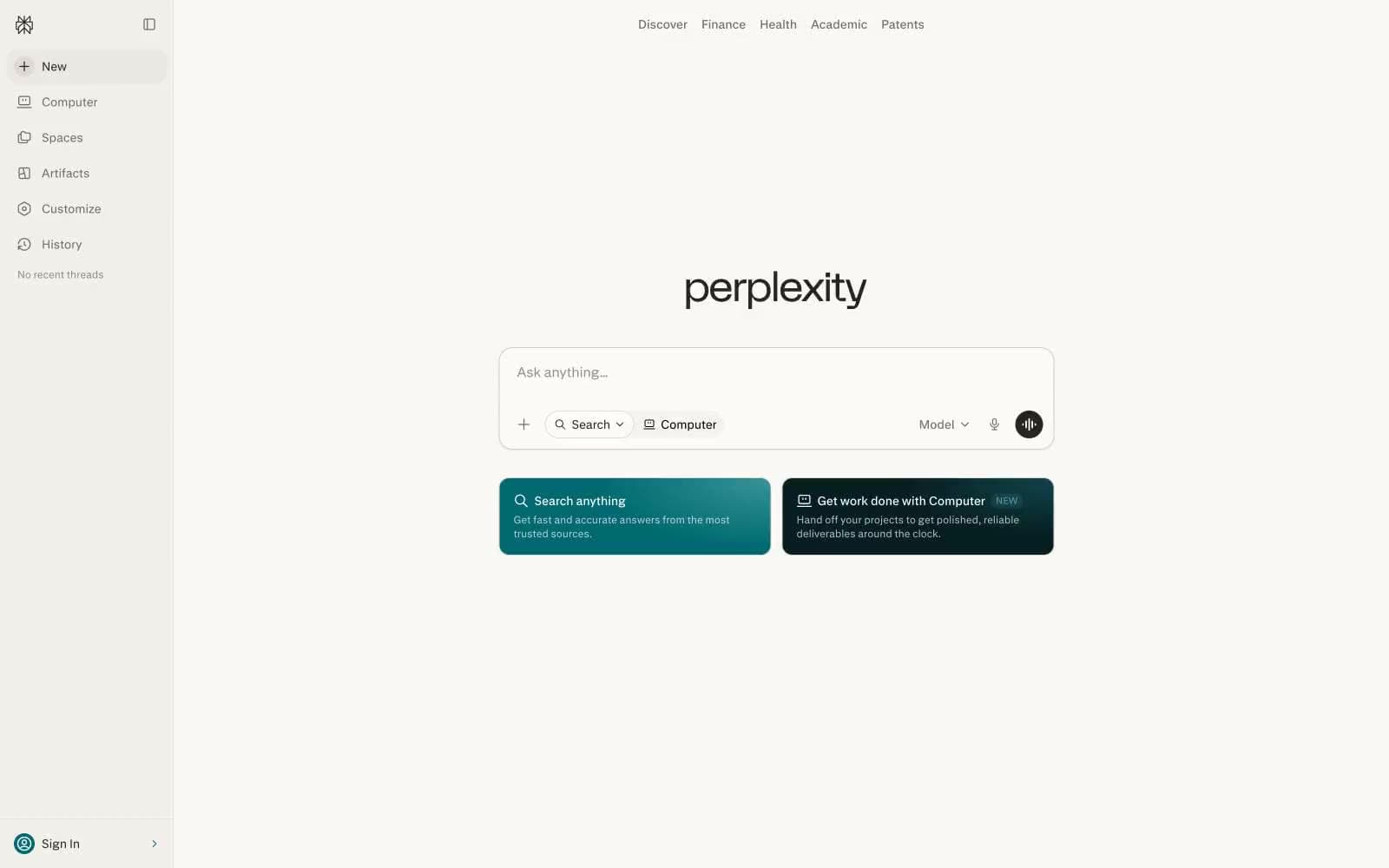 Screenshot of Perplexity AI